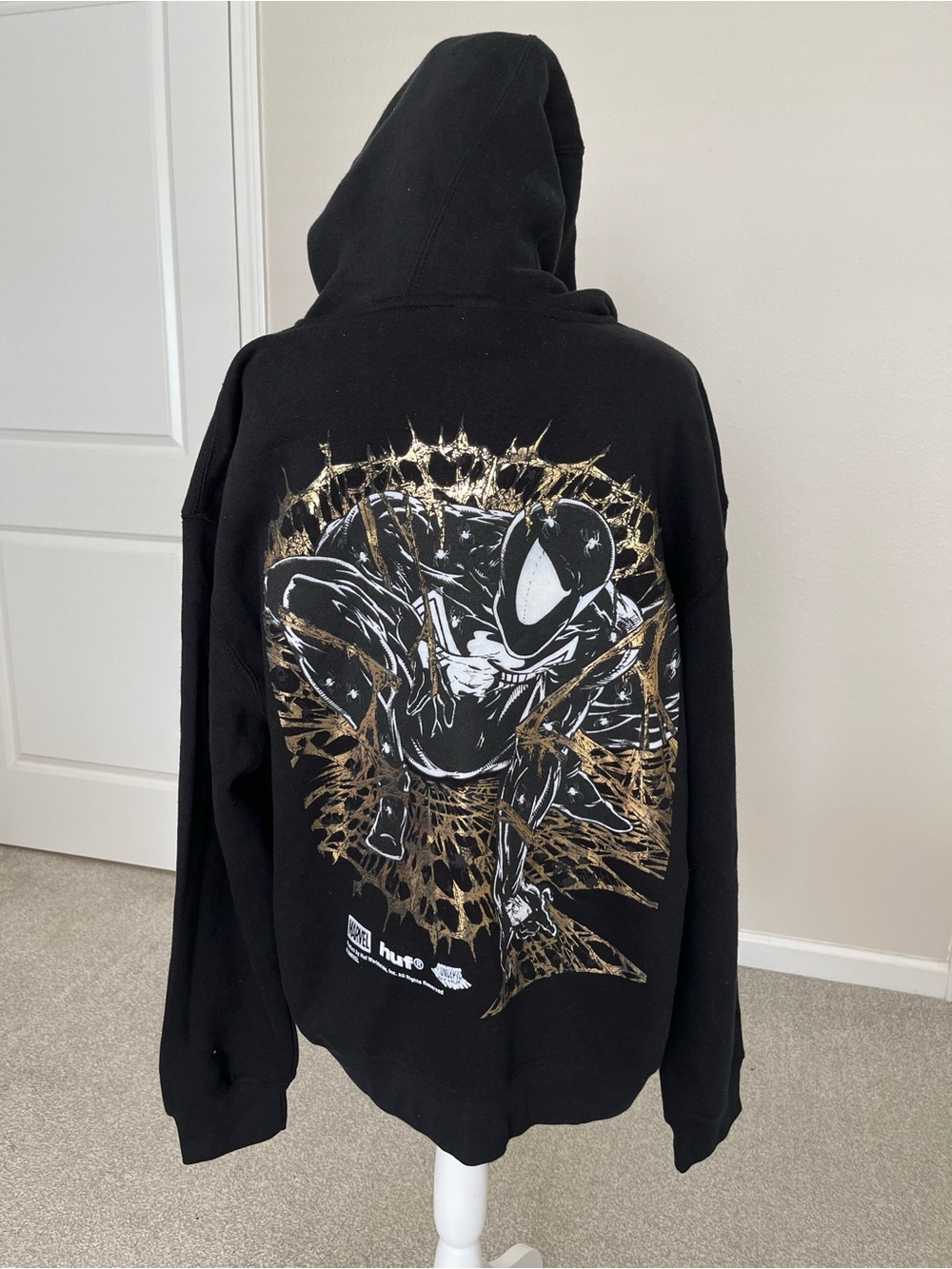 NWOT HUF x Spiderman Black Full Zip Hoodie with Gold Spiderman Graphic Size L